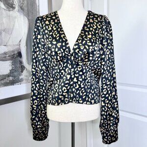 Lulus Top Cambera‎ Large Leopard Print Satin Vneck Black Balloon Sleeve Blouse